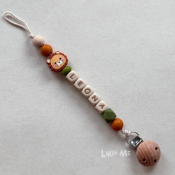Pacifier holder with name - Little Lion - Olive Green /WHEAT