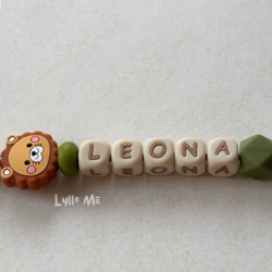 Pacifier holder with name - Little Lion - Olive Green /WHEAT