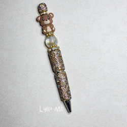 Rhinestone pen with pearls - TEDDY BEAR brown - GOLD