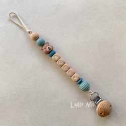 Pacifier holder with name - Little Bear - Blue Grey/ Oatmeal