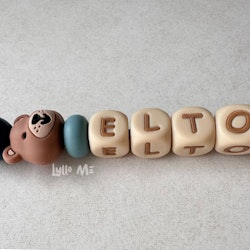 Pacifier holder with name - Little Bear - Flannel Blue/ WHEAT