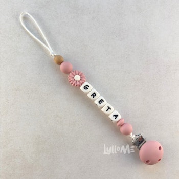 Pacifier holder with silicone clips with name DAISY Blossom / WHITE