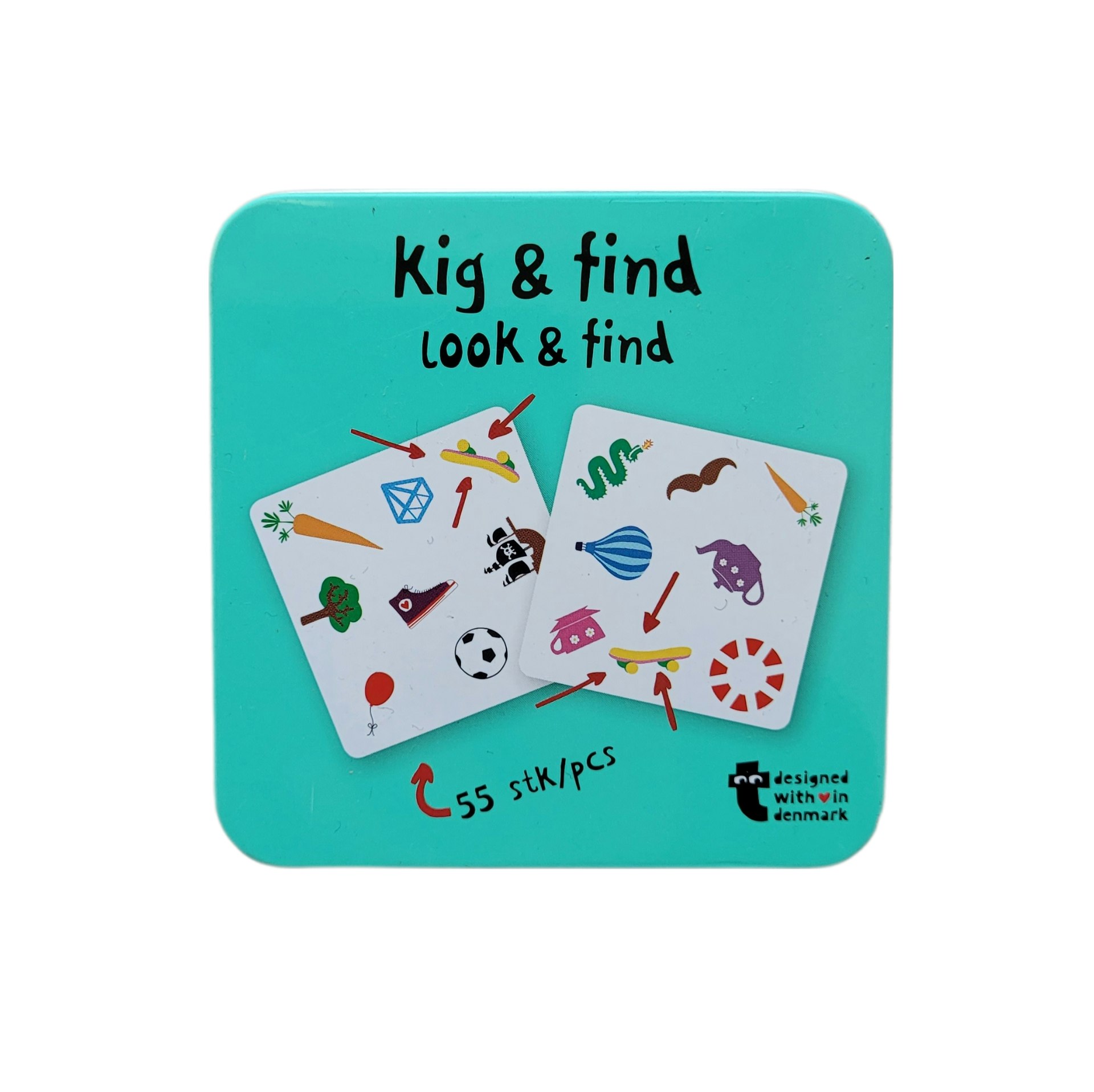Sök och finn, kortspel i plåtask, skick A