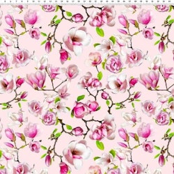 Bomullstrikå Mönstrad - säljs per dm Blommor på rosa botten