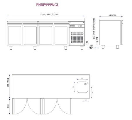 Kylbänk Inomak PMR999/GL, 3 glasdörrar, 600mm djup