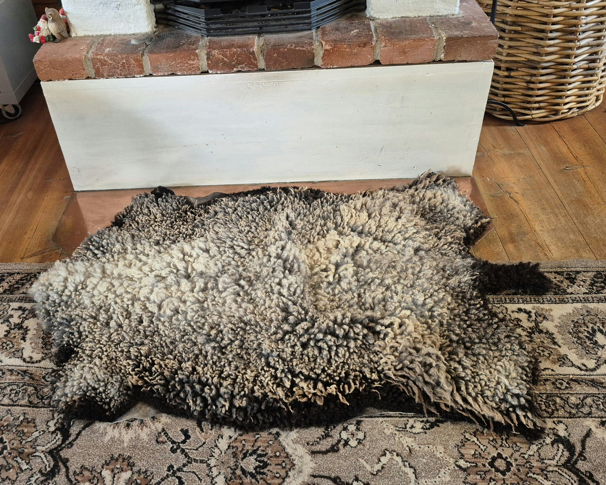 Fårskinn med kort grå/brun päls och mörkbruna kanter.