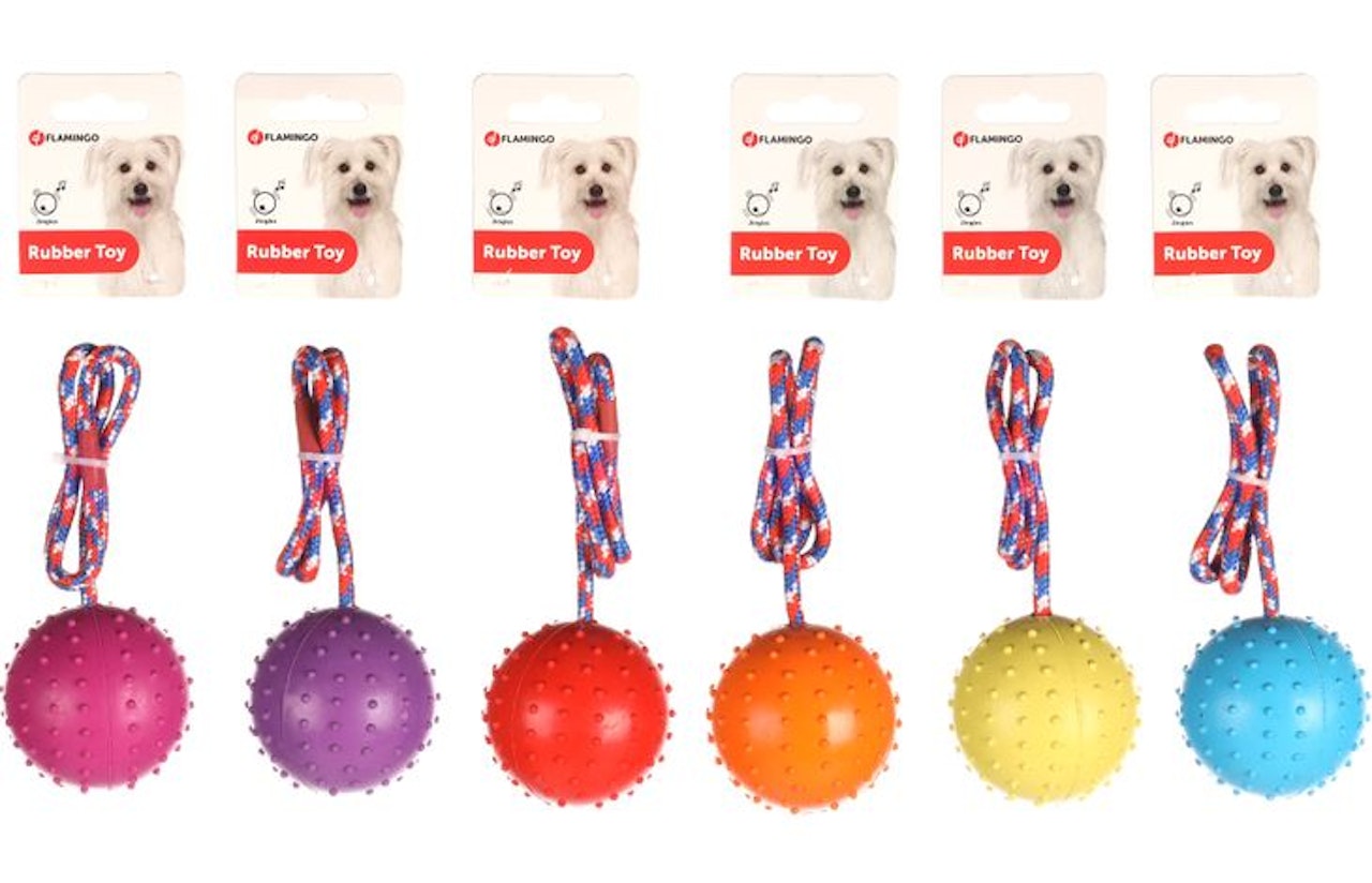 Hundeleke gummiball 7cm med tau ass farger