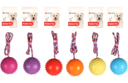 Hundeleke gummiball 7cm med tau ass farger