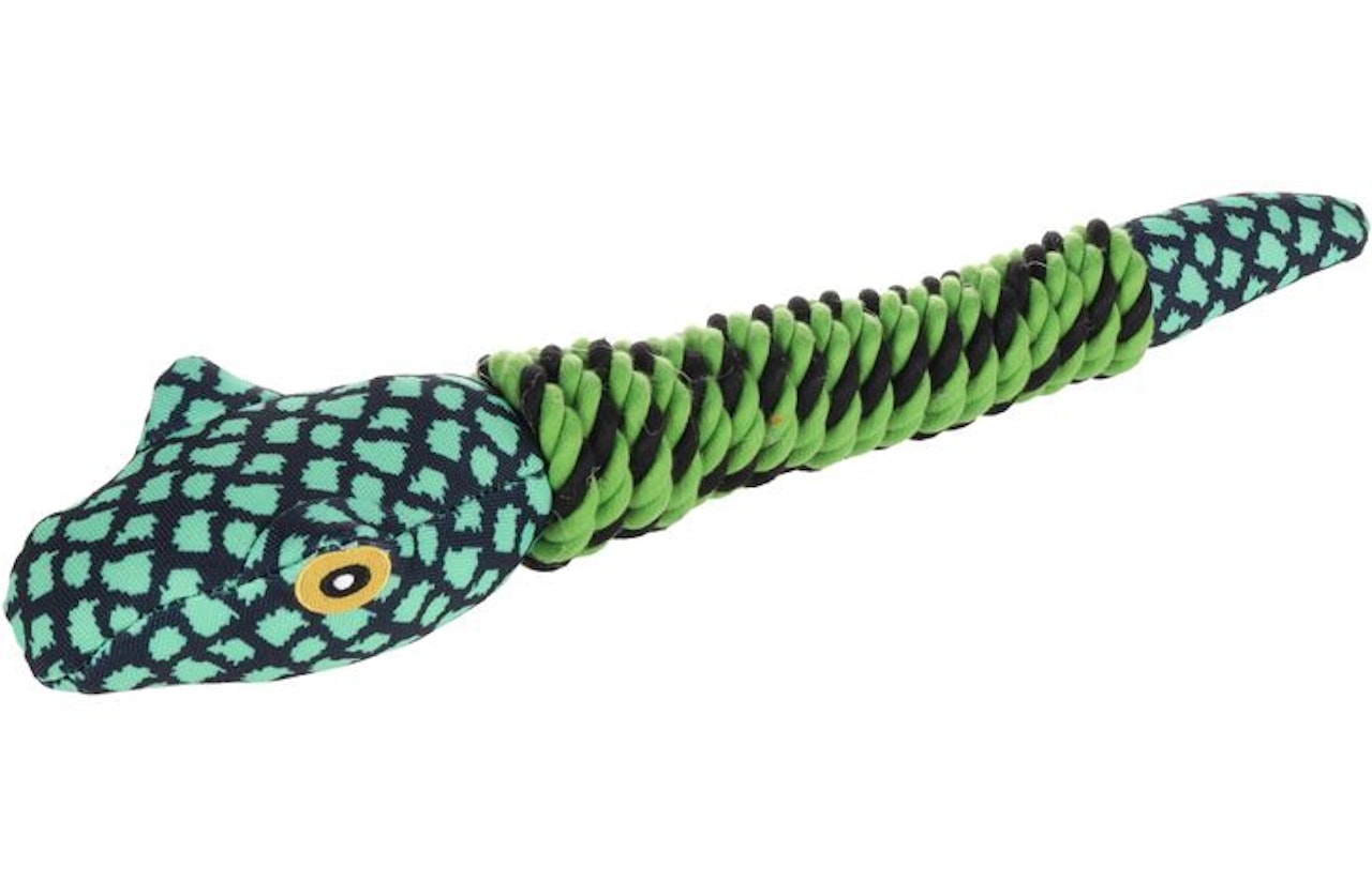 Hundeleke Monsjo snake med tau, grønn. 44cm L x 9.5cm W x 6.5cm H