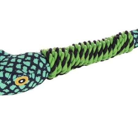 Hundeleke Monsjo snake med tau, grønn. 44cm L x 9.5cm W x 6.5cm H