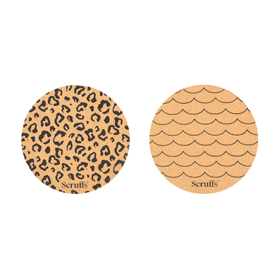 Scruffs 25cm Set of 2 Cork Pet matskålunderlag. 25x25cm. Wave & Leopard