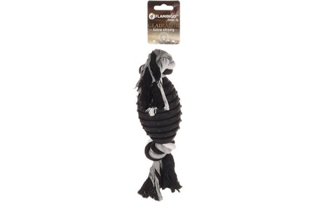 Hundeleke gladiator rugbyball med tau sort 8x8x42cm gummi