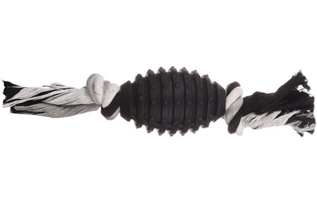 Hundeleke gladiator rugbyball med tau sort 8x8x42cm gummi