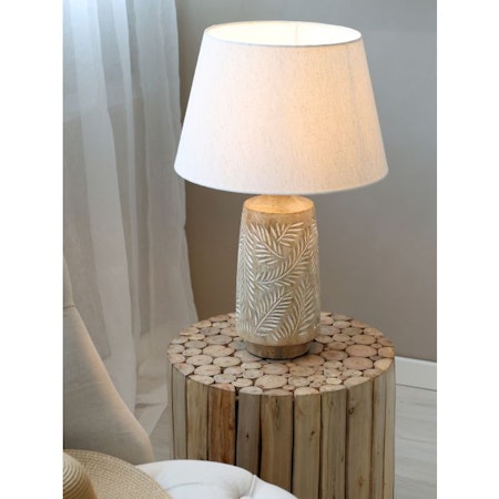 Bordslampa med träbas och linneskärm