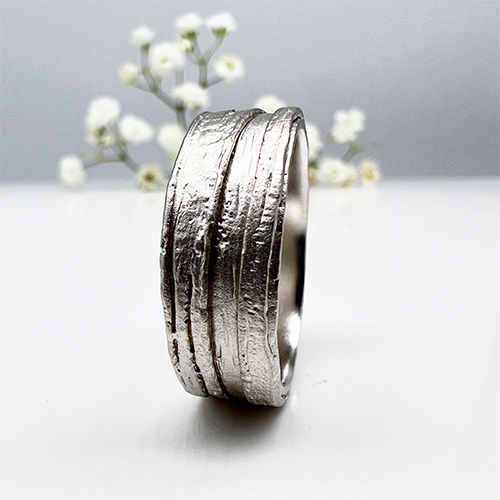 Misty Forest "Bark" Mens Ring - 18K Vitguld med Rhodium