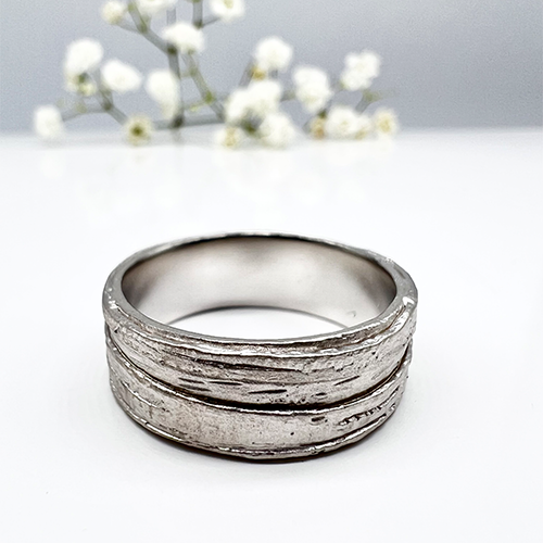 Misty Forest "Bark" Mens Ring - 18K Vitguld med Rhodium