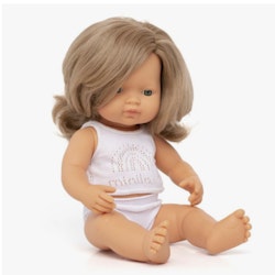 Baby doll caucasian girl with dark blonde hair