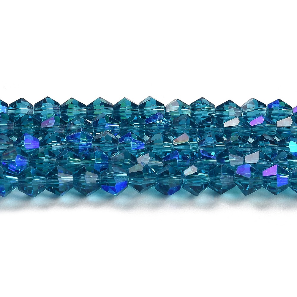 Glaspärlor bicones 4mm steel blue ab på sträng