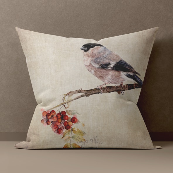 Kuddfodral "Fru Domherre & Rönnbär" - Beige – GOTS-certifierad bomull 40*40 cm