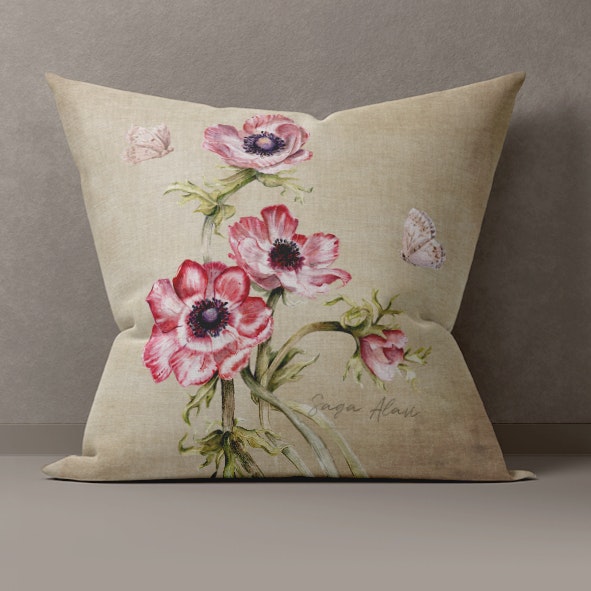 Kuddfodral "Rosa Anemon & Blåvinge" – GOTS-certifierad bomull 40*40cm