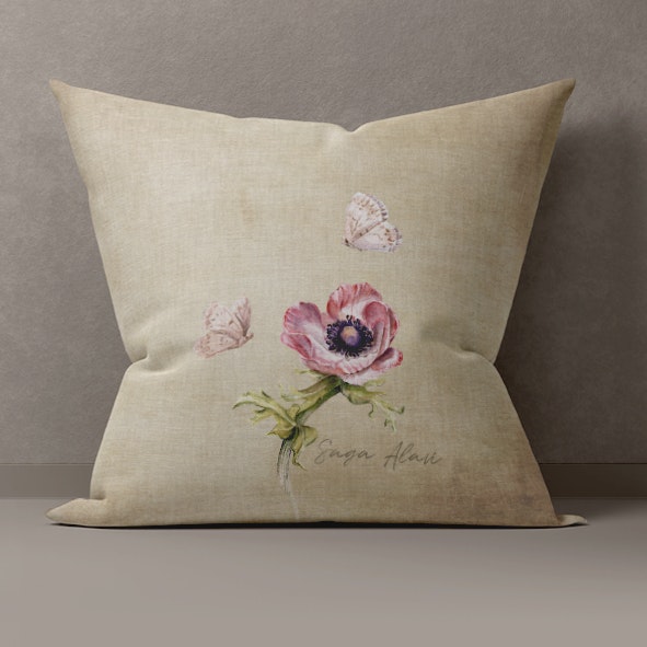 Kuddfodral "Rosa Anemon & Blåvinge" – GOTS-certifierad bomull 40*40cm