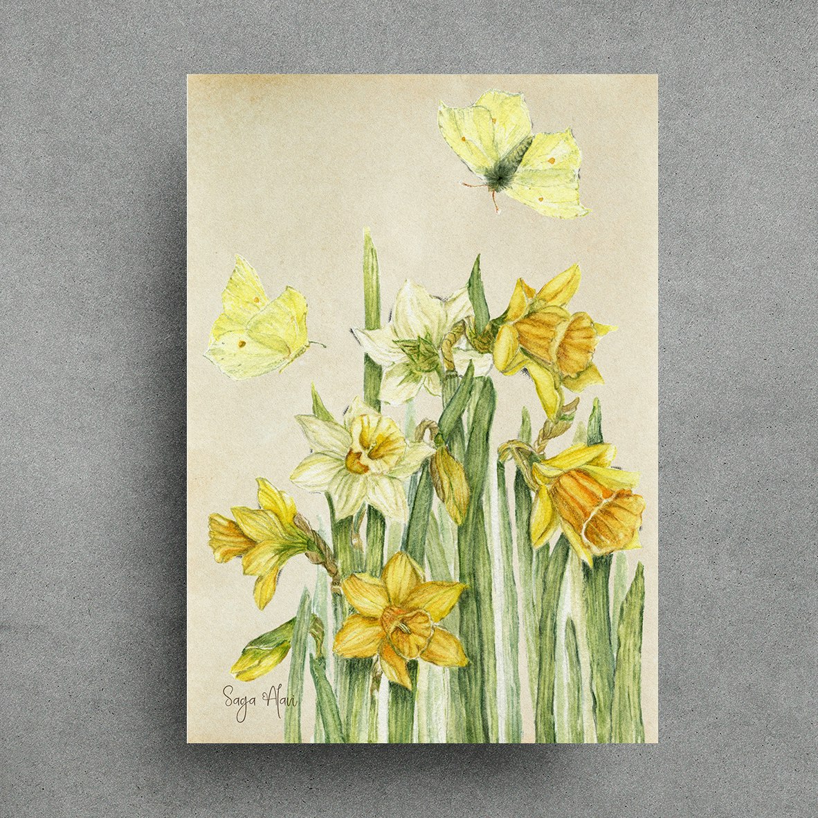 Art Print "Påsklilja & Citronfjäril"- Akvarellaffisch i "A5", "A4" och "A3" Format