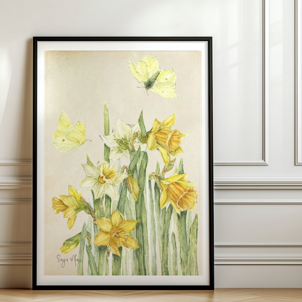 Art Print "Påsklilja & Citronfjäril"- Akvarellaffisch i "A5", "A4" och "A3" Format