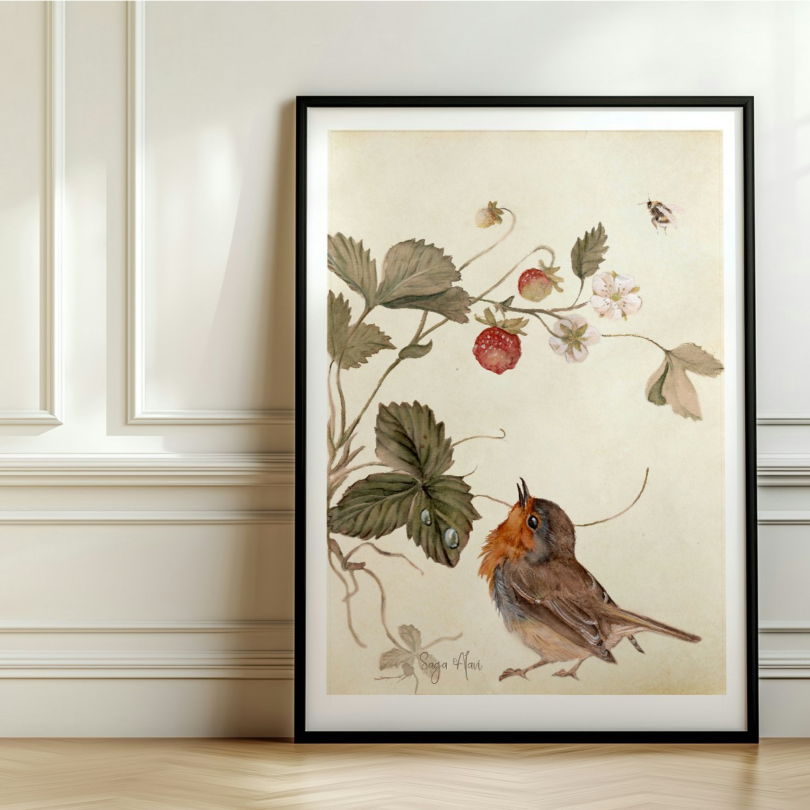 Art Print "Rödhake och Smultron"- Akvarellaffisch i "A5", "A4" och "A3" Format