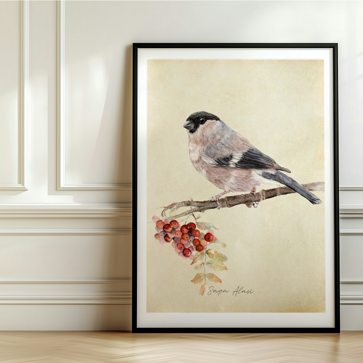 Art Print "Fru Domherre & Rönnbär"- Akvarellaffisch i "A5", "A4" och "A3" Format
