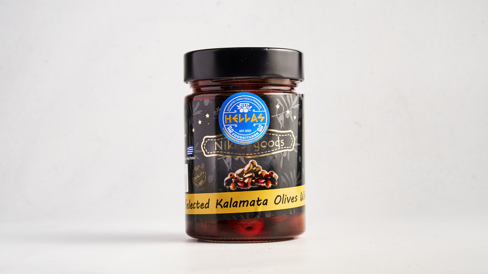 Kalamata-oliver 200g: Saftiga och smakrika Kalamata-oliver, perfekta som tilltugg eller för att förhöja smaken på olika rätter