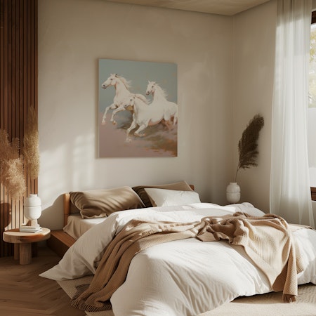 Two White Wild Horses Galloping