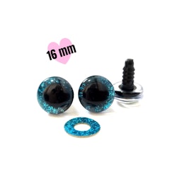 1 par 3D Glitter säkerhetsögon BLÅA 16 mm • amigurumi ögon • virka • safety eyes • nalleögon