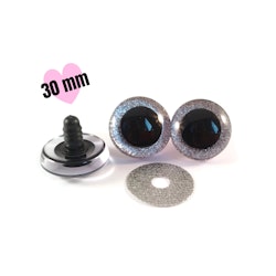 1 par STORA 3D 30 mm Glitter säkerhetsögon SILVER • amigurumi ögon • virka • safety eyes • nalleögon