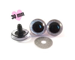 1 par STORA 3D 30 mm Glitter säkerhetsögon SILVER • amigurumi ögon • virka • safety eyes • nalleögon