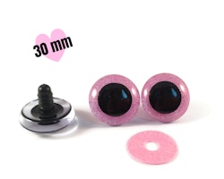 1 par STORA 3D 30 mm Glitter säkerhetsögon ROSA • amigurumi ögon • virka • safety eyes • nalleögon