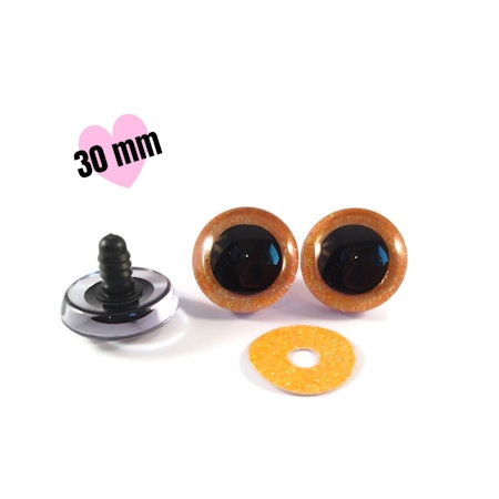 1 par STORA 3D 30 mm Glitter säkerhetsögon ORANGE • amigurumi ögon • virka • safety eyes • nalleögon