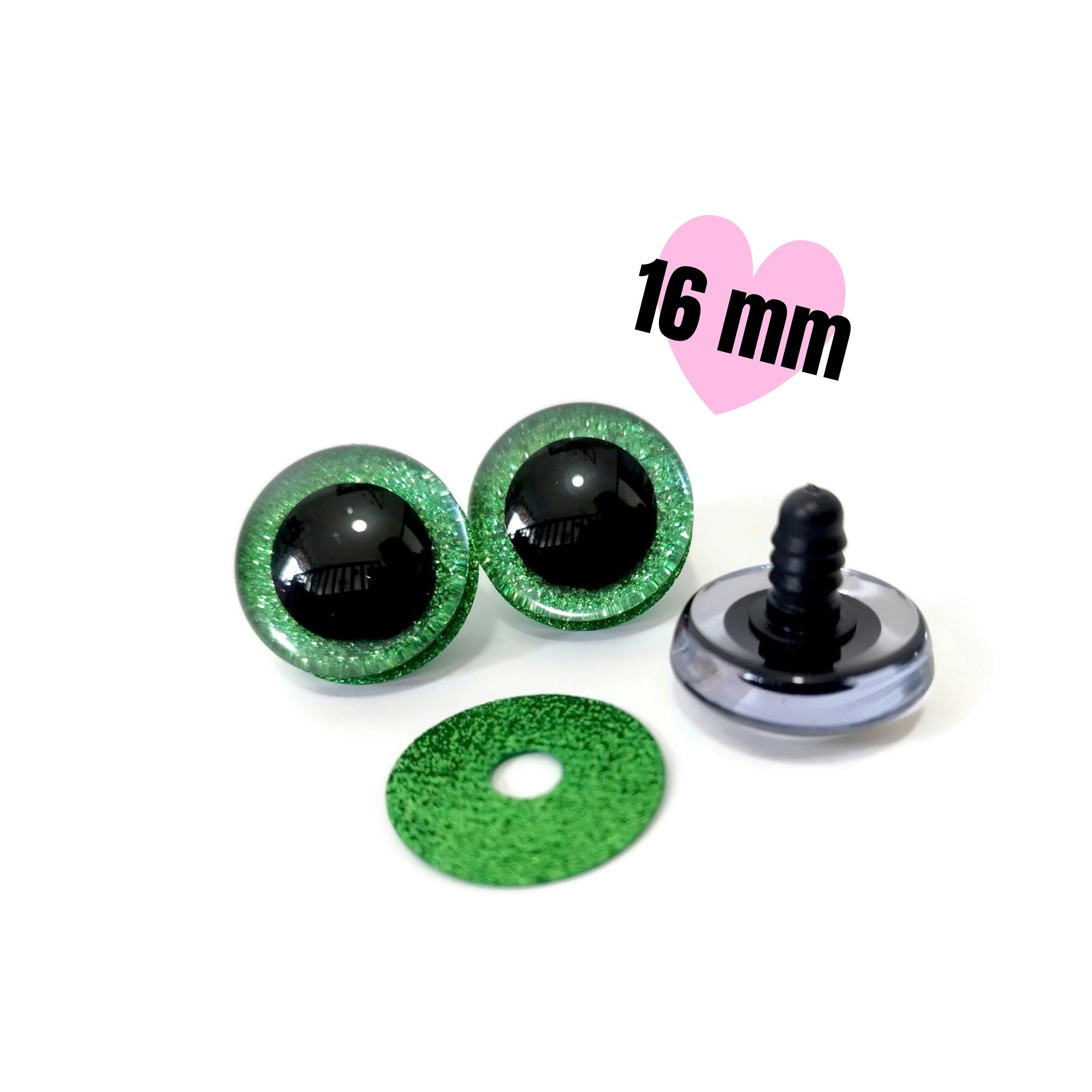 1 par 3D Glitter säkerhetsögon GRÖNA 16 mm • amigurumi ögon • virka • safety eyes • nalleögon
