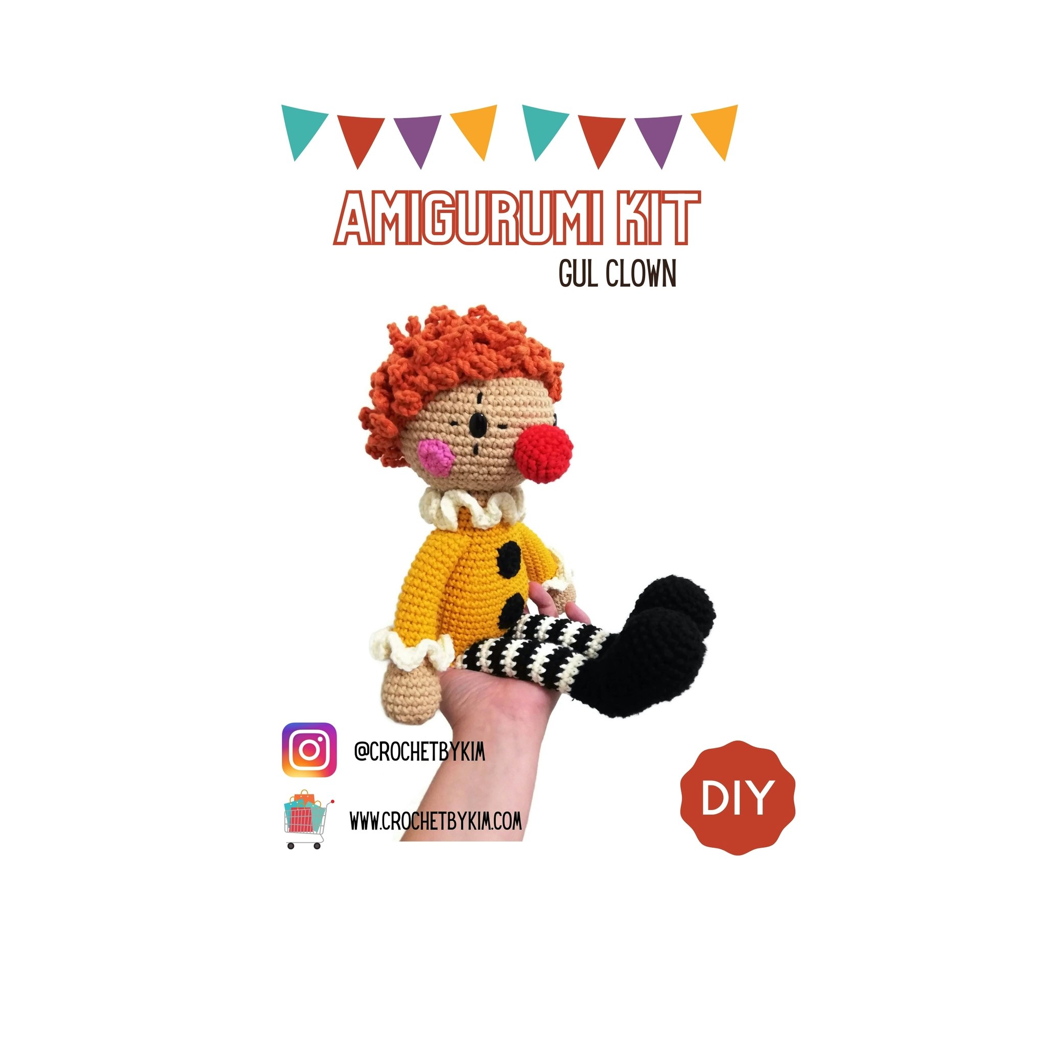 Amigurumi kit Gul Clown • Halloween • Virkset docka • DIY-kit • Crochetbykim