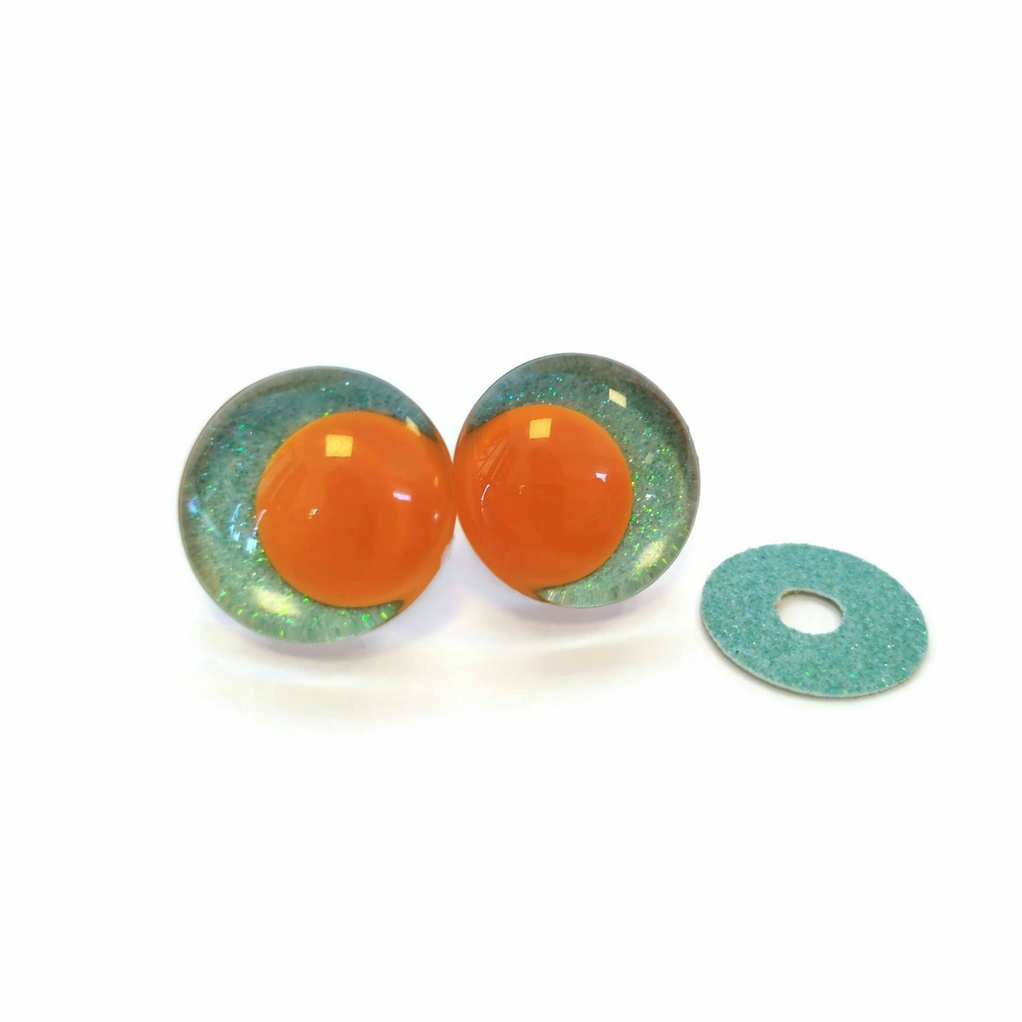 Mint 3D Off center Glitterögon med orange pupill 16mm 20mm 25mm 30mm • Sinker eyes • amigurumi ögon • virka • safety eyes • nalleögon