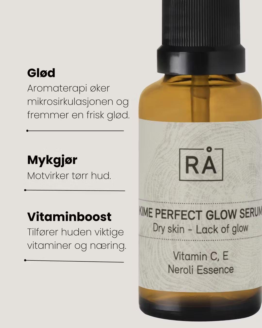 Rå Skincare Kime Perfect Glow Serum med C- og E-vitamin beskytter mot fukttap, gir glød og har en duft av neroli, perfekt for tørr og normal hud.