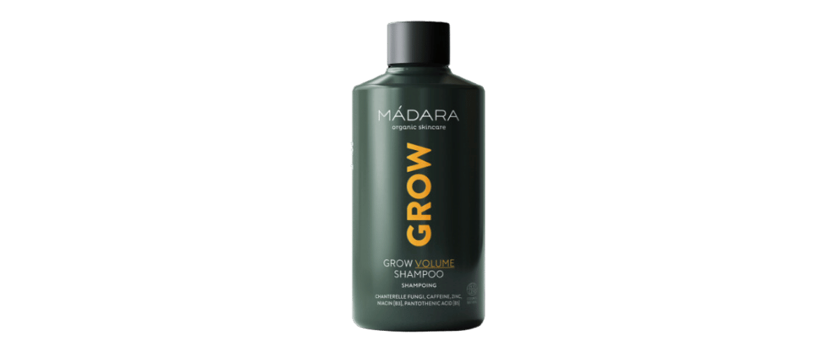 Madara Grow Volume Shampoo – volumgivende sjampo med koffein, vitamin B3 og B5 for fyldig og mykt hår, egnet for daglig bruk og alle hårtyper.