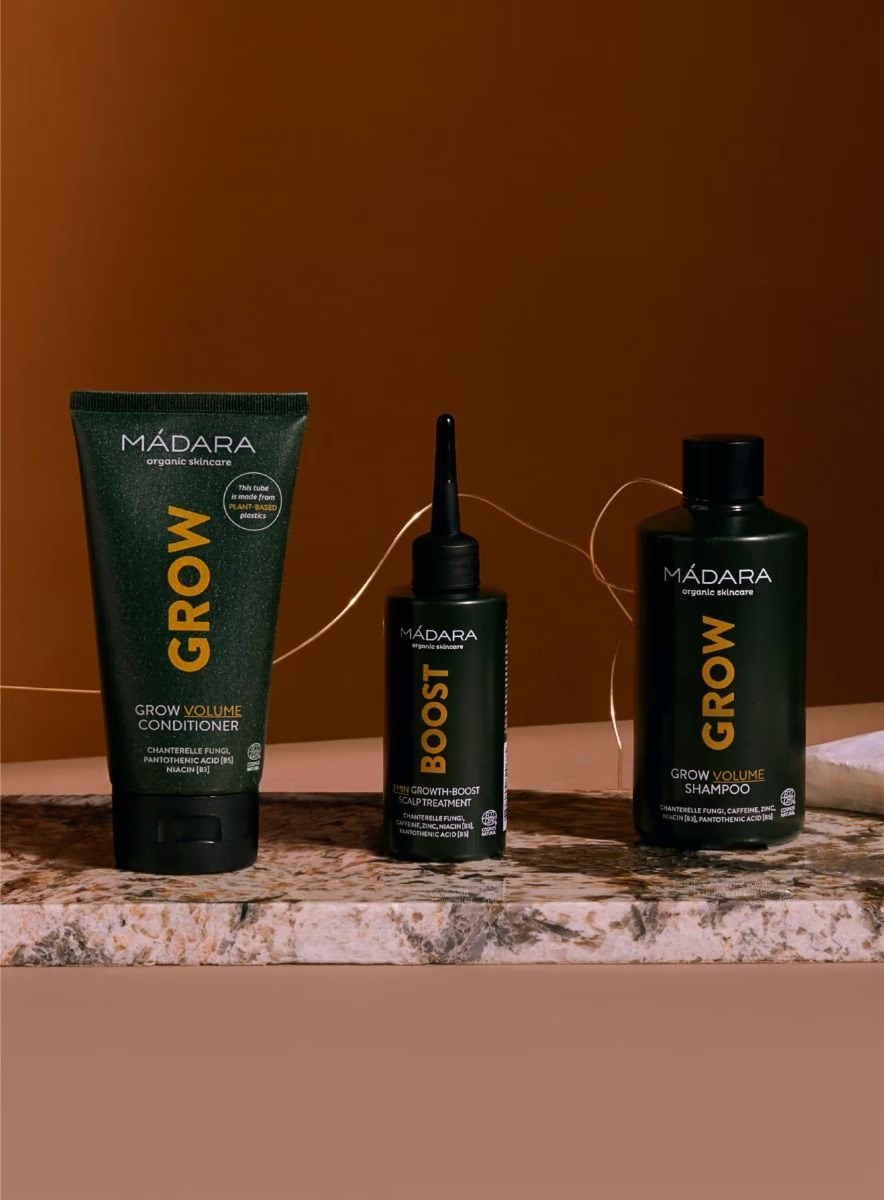 Madara Grow Volume Conditioner – volumgivende balsam som styrker, beskytter og gir fyldig hår uten å tynge det ned. Miljøvennlig emballasje.