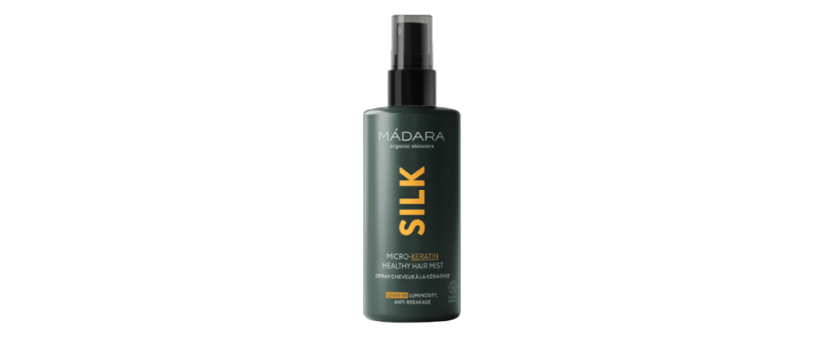 Madara Silk Micro-Keratin Hair Mist – styrkende leave-in spray som reparerer skadet hår, reduserer splittede tupper og gir glans uten å tynge.