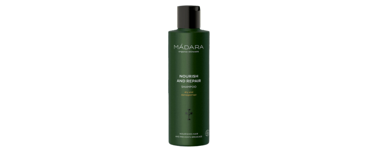 Madara Nourish & Repair Shampoo – nærende sjampo for tørt, skadet hår, styrker og gir glans med brennesle og kvede. ECOCERT-sertifisert og miljøvennlig.