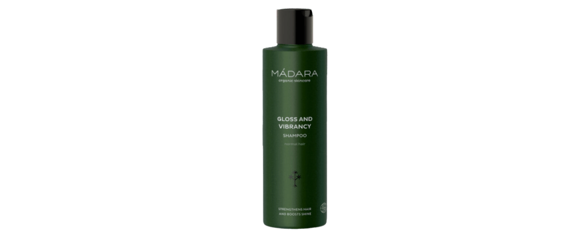 Madara Gloss & Vibrancy Shampoo – glansgivende sjampo med bjørk og tranebær, gir volum og styrke for silkemykt, skinnende hår. Miljøvennlig emballasje.
