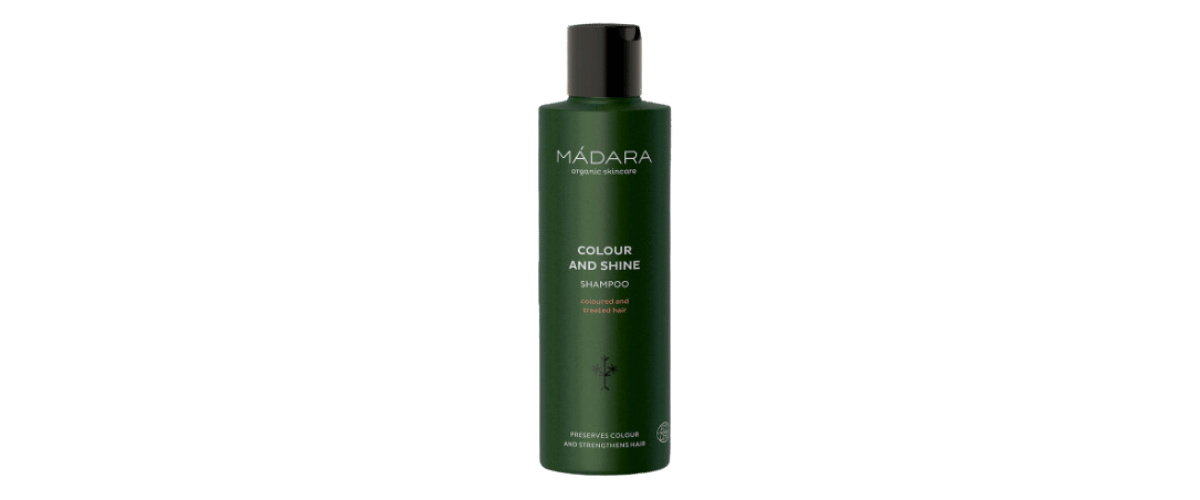 Madara Colour & Shine Shampoo – fargebevarende sjampo for glansfullt, mykt hår. Inneholder linfrø og hestekastanje. ECOCERT-sertifisert og resirkulert emballasje.
