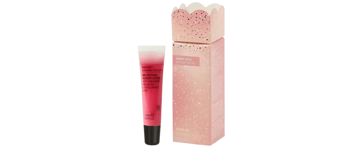 Evolve Sweet Kiss Gavesett – økologisk lipgloss med bio-retinol og Kalahari Melonfrøolje for fukt og volum, i bærekraftig emballasje.