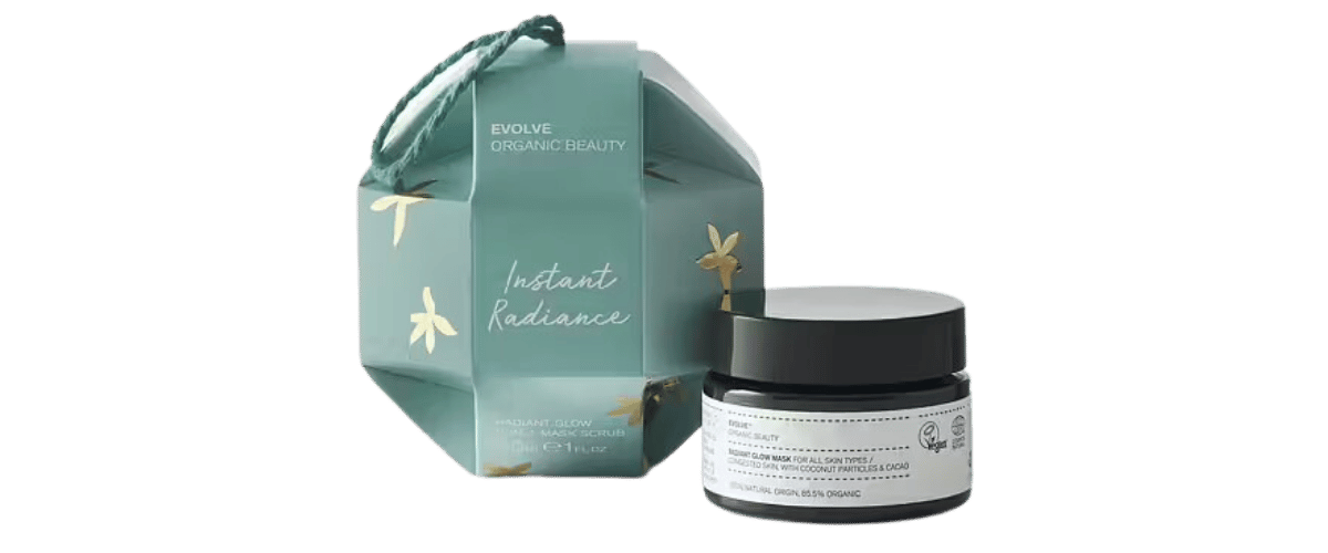 Evolve Instant Radiance Gavesett – økologisk 2-i-1 ansiktsmaske og skrubb med kakaopulver og kokosnøttskall for glød og myk hud.