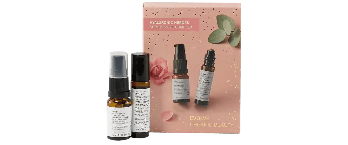Evolve Hyaluronic Heroes Gavesett – fuktgivende serum og øyeserum med hyaluronsyre for glød og reduserte linjer, vegansk og økologisk hudpleie.