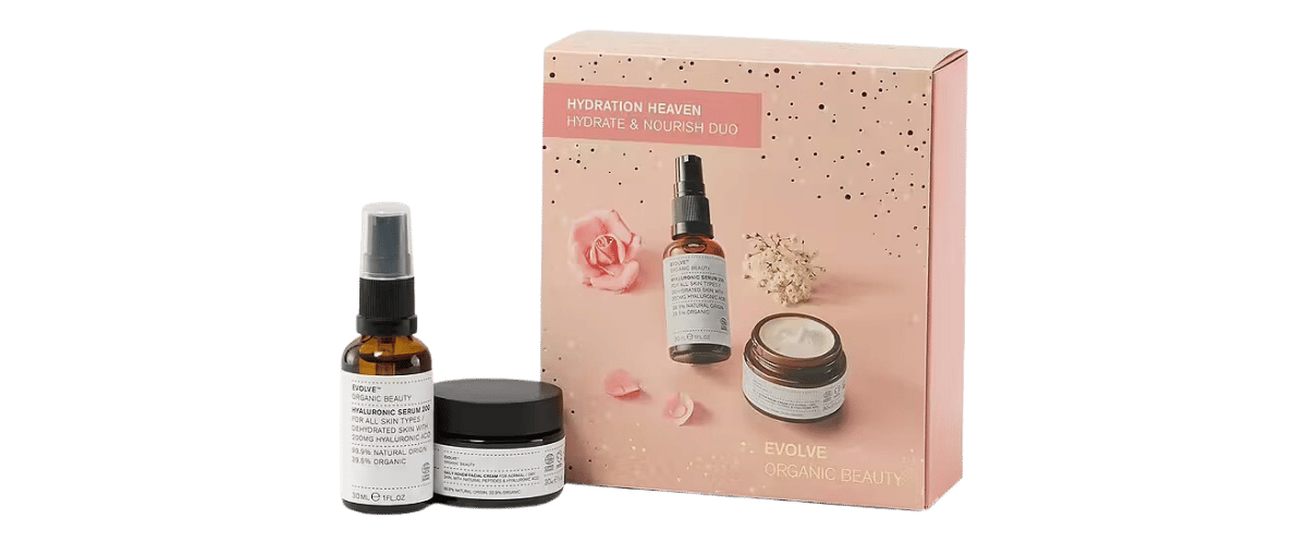 Evolve Hydration Heaven Gavesett – fuktgivende serum og krem med hyaluronsyre og arganolje som gir glød, mykhet og reduserer fine linjer.
